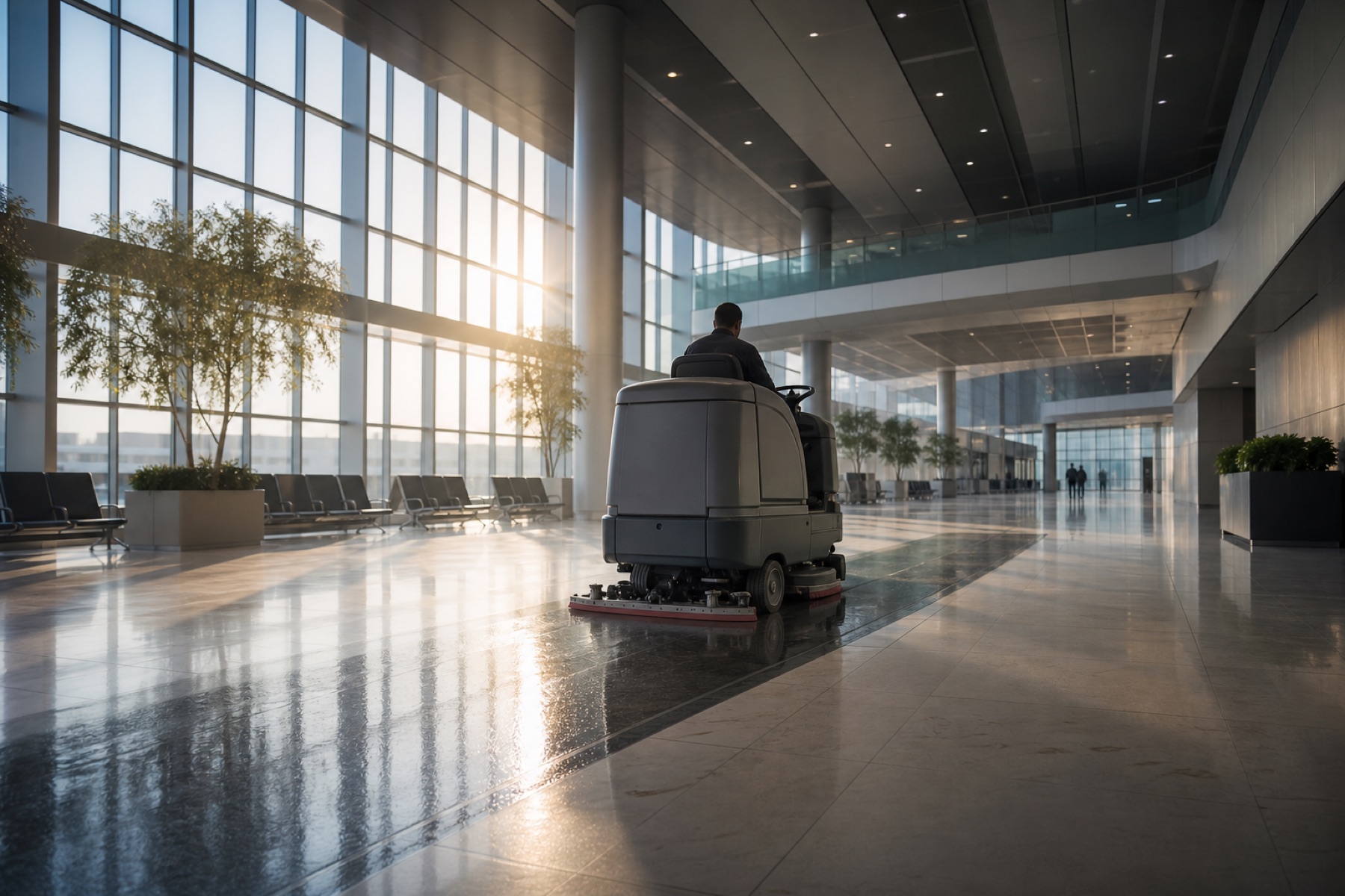 Large building concourse being cleaned at dawn by a ride-on scrubber dryer