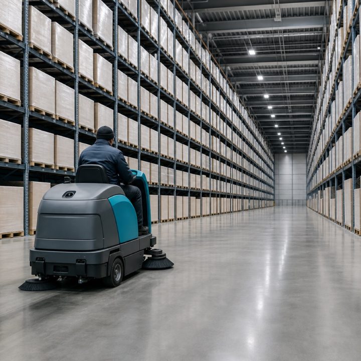 Warehouse floor being cleaned by a ride-on sweeper between racking runs