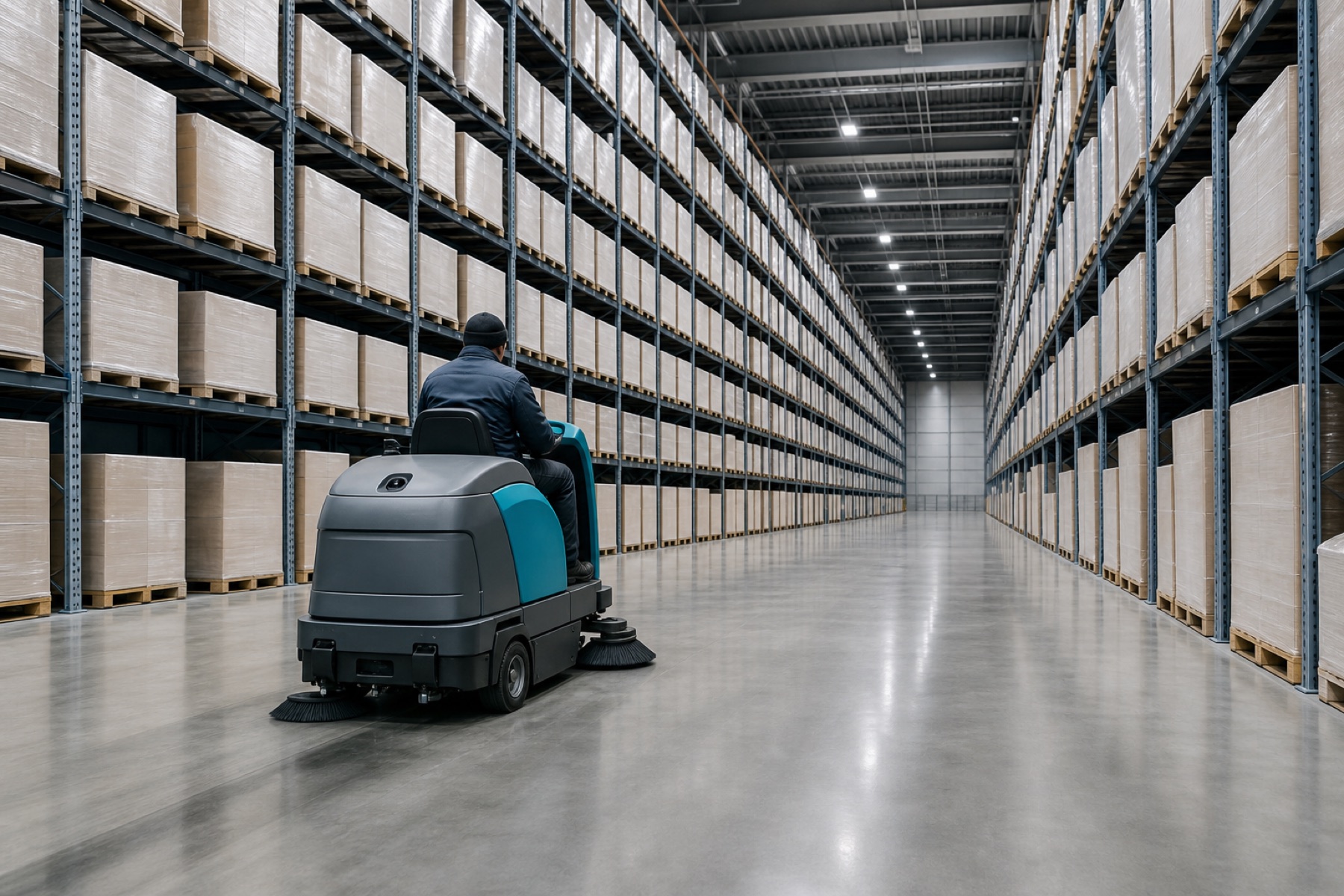 Warehouse floor being cleaned by a ride-on sweeper between racking runs