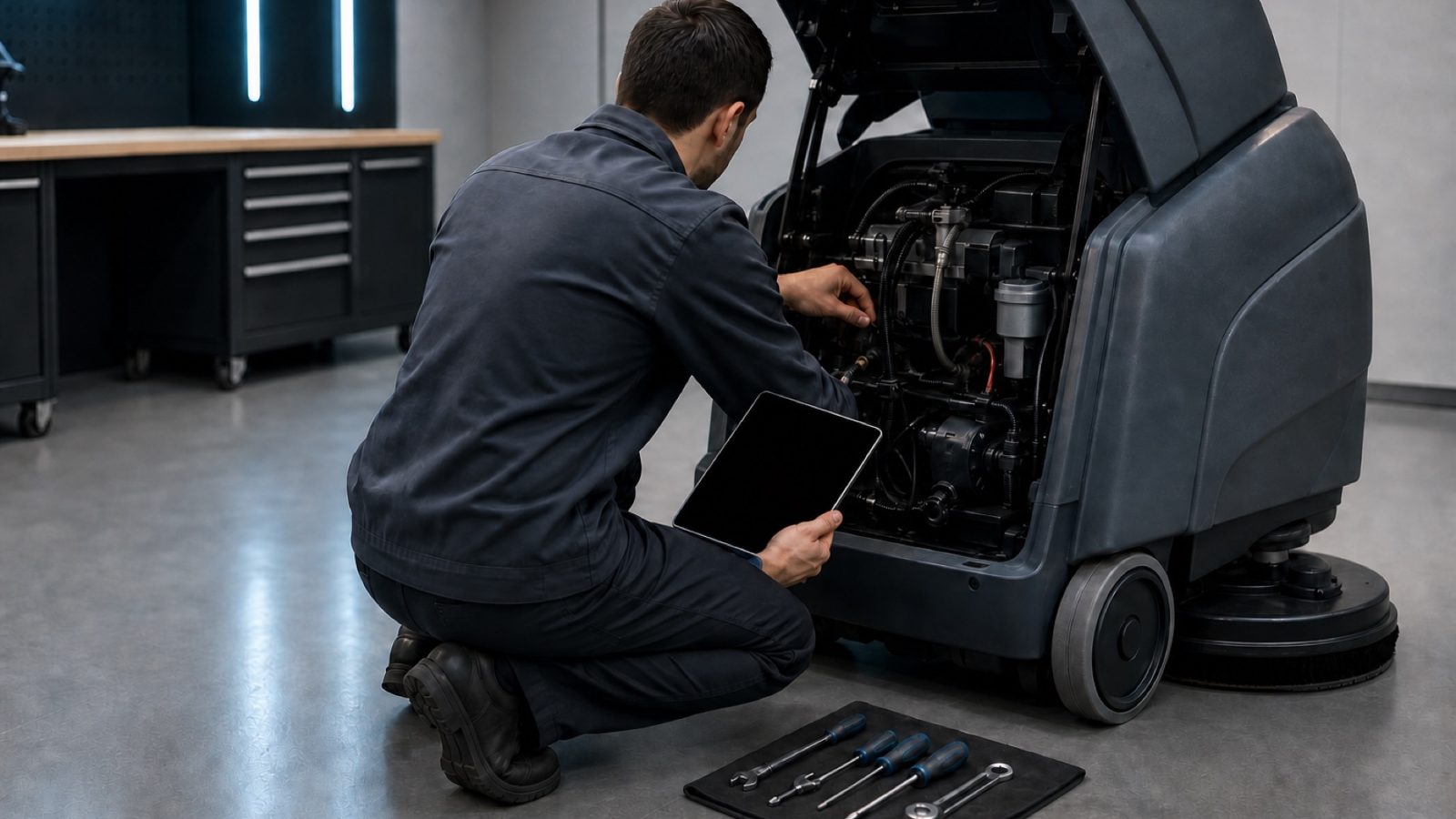 Service technician working on an opened forklift engine bay in a workshop