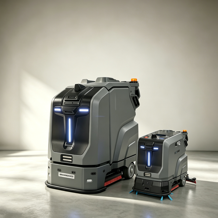 Two autonomous cleaning robots, a large ride-on class unit and a compact walk-behind class unit