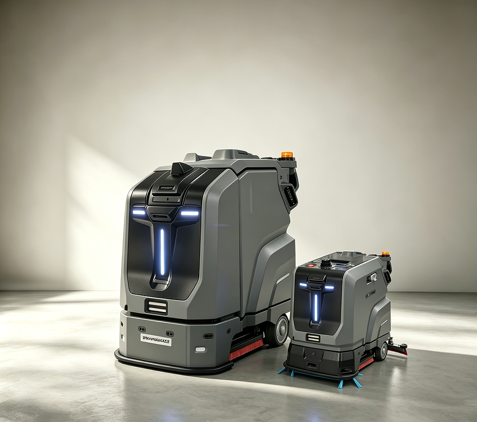 Two autonomous cleaning robots, a large ride-on class unit and a compact walk-behind class unit
