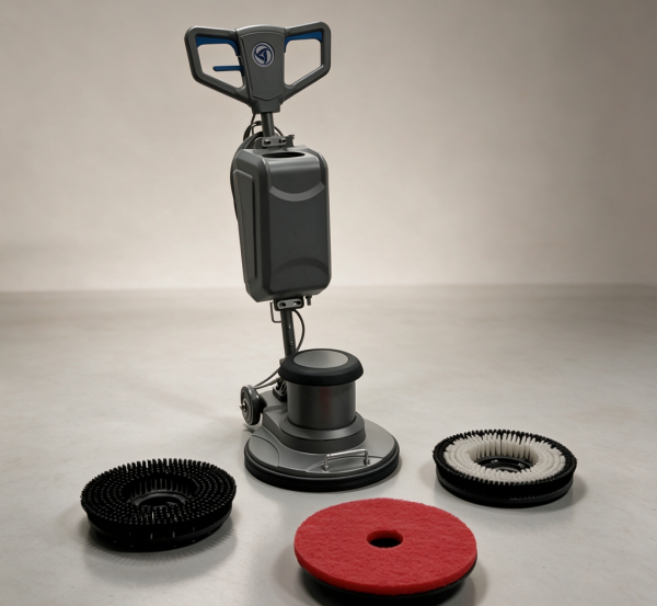 Multifunctional single-disc floor polisher with brush and pad attachments