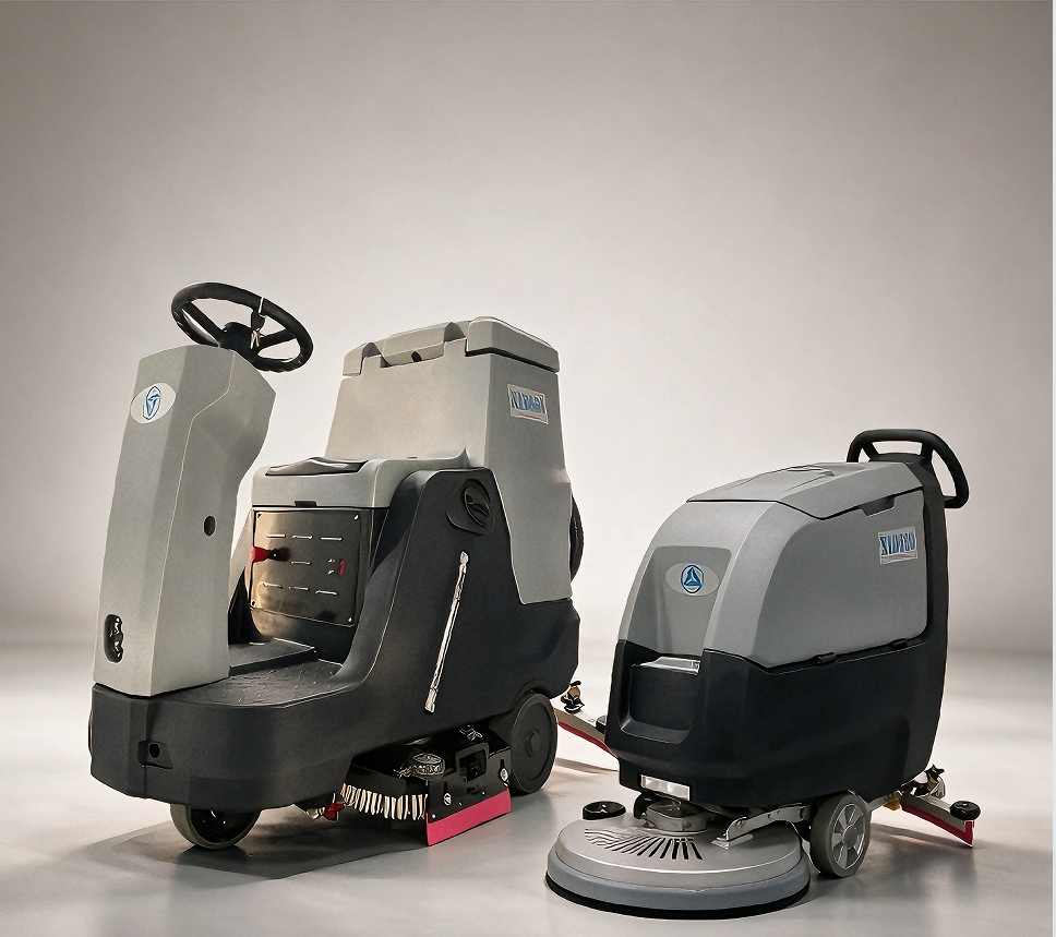 Professional floor scrubbers: a ride-on scrubber dryer beside a walk-behind scrubber dryer