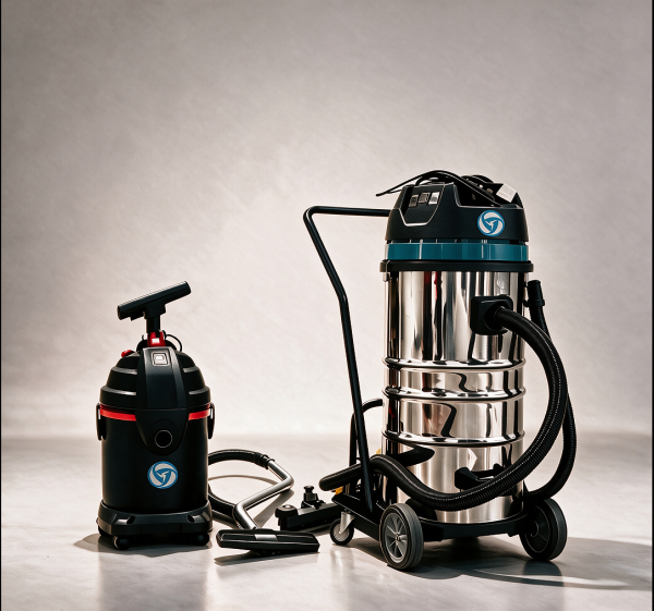 Industrial wet and dry vacuums, a compact drum unit and a stainless steel trolley unit with hose and tools