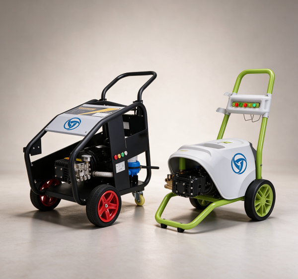 Two high pressure washers on wheeled frames, an industrial frame model and a compact trolley model